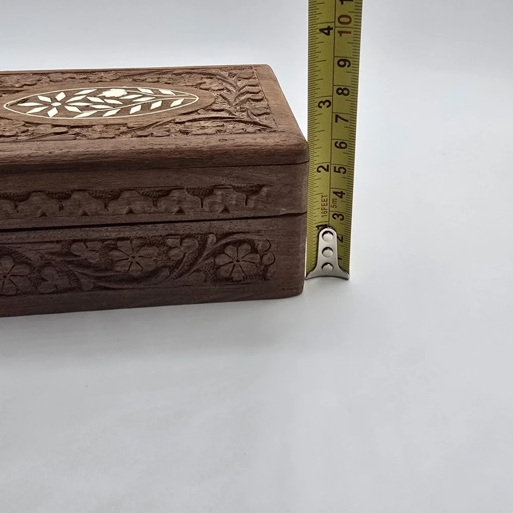 Vintage Hand Carved Wood Box Floral Design Inlay velvet lined Jewelry Box